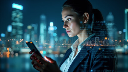 A young professional businesswoman dressed in a suit, uses her smartphone while staring intently at the screen. Double exposure of a businesswoman using smartphoneNone merged with illuminated city 