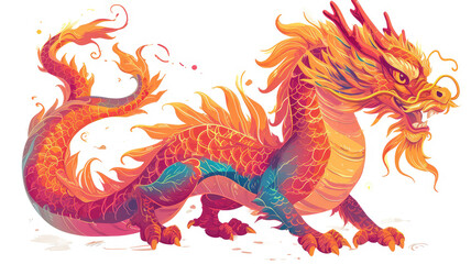 A vibrant, stylized dragon with fiery colors on white background, showcasing a mythical creature in an artistic representation.