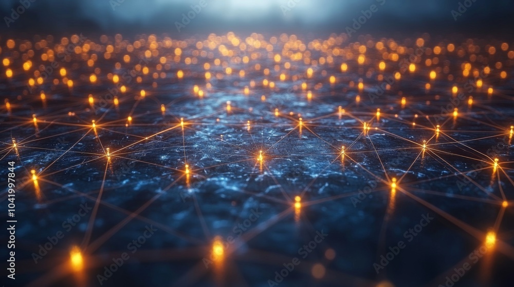 Poster The perspective shows a dark textured surface covered with glowing network connections, symbolizing advanced technology and data interaction during dusk.
