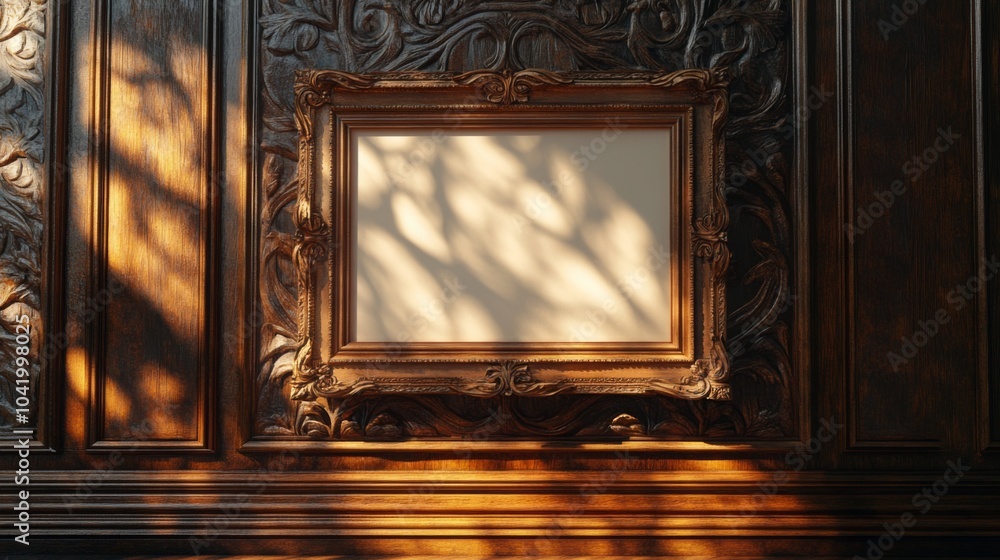 Poster an empty ornate picture frame cast shadows on a richly textured wall, showcasing warm lighting and i