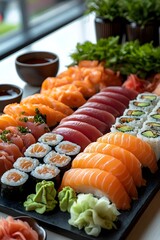 A vibrant spread of assorted sushi featuring salmon, tuna, and rolls, beautifully arranged on a black platter, complemented by wasabi and dipping sauces.