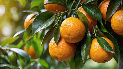 The photo shows several oranges hanging from the branches of an orange tree, with green leaves and water droplets on them. The background is blurred to focus attention on the fruits. Ai generative