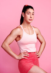 Fitness, portrait and health with woman in studio for wellness, cardio and challenge. Exercise, workout and training with person on pink background for muscle, performance and sports athlete