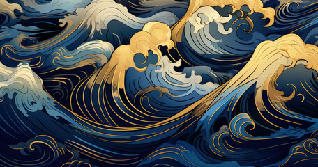 A stylized depiction of dynamic ocean waves in rich blues and golds, emphasizing movement and fluidity.