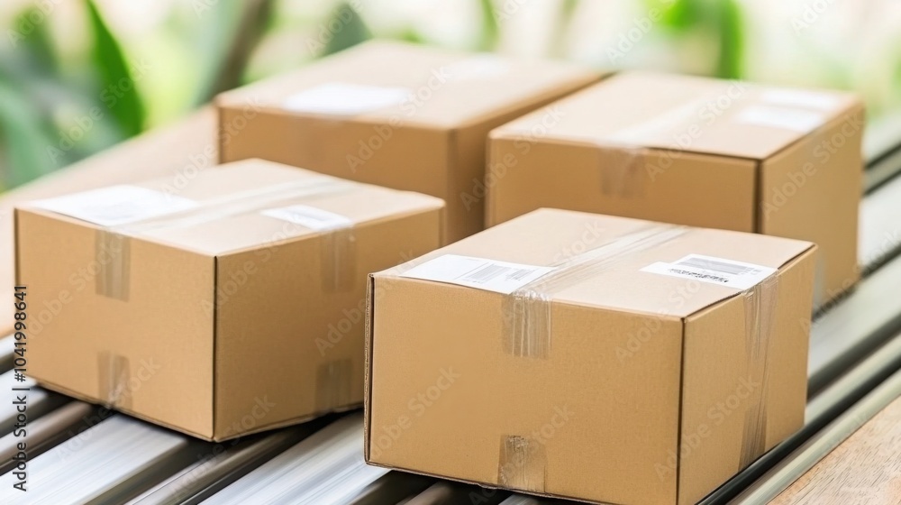 Aufkleber boxes on conveyor belt for sorting and scanning process