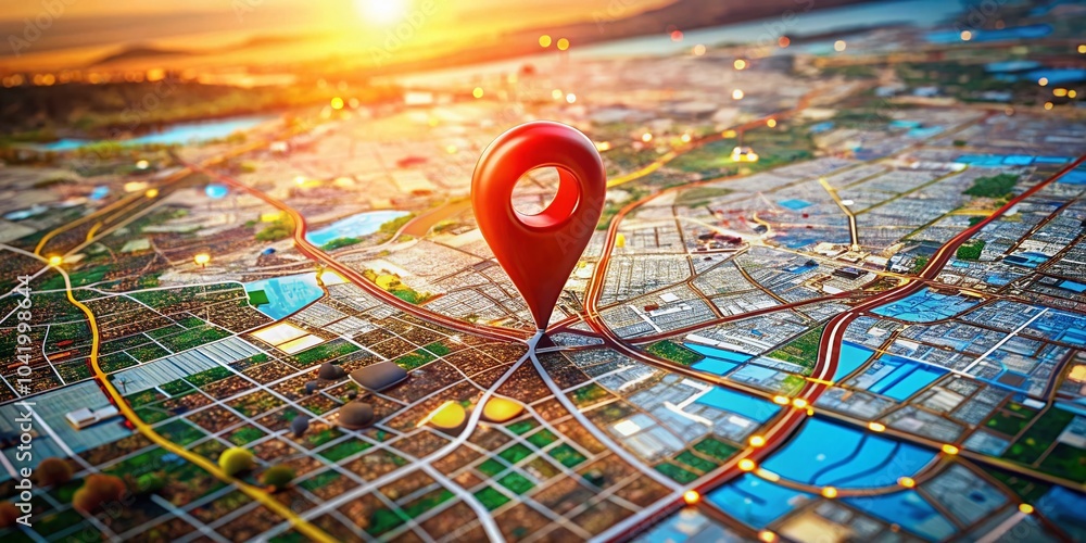 Poster red pin on city map for navigation and destination finding in double exposure style