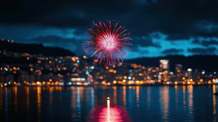 Spectacular Fireworks Illuminating the Night Sky Over a Cityscape Reflecting in Water