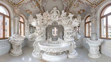 Fototapeta premium A stunningly elaborate and intricately detailed room filled with ornate white marble sculptures and artistic designs, featuring multiple windows with views to the outside