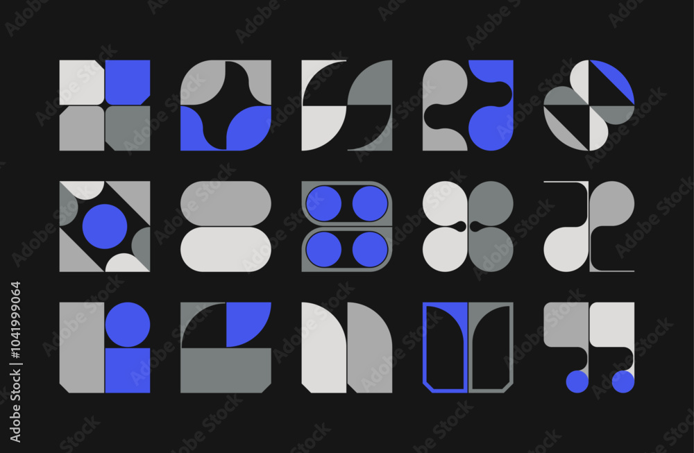Sticker set of fully editable vector graphic elements, geometric shapes, abstract forms and futuristic icons