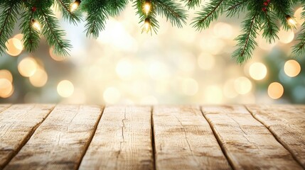 Festive Holiday Background with Wooden Table and Lights