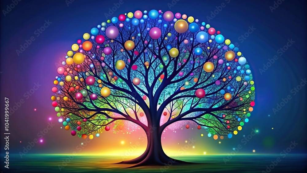 Poster colorful abstract tree silhouette with spherical elements and intricate branches