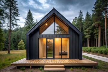 Symmetrical modern black wood cabin large window