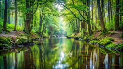 Symmetrical serene forest stream in untouched nature