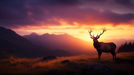 Fototapeta premium Majestic deer silhouette stands on a mountain top at sunset with a dramatic sky.