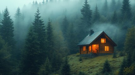 A cozy cabin glows warmly amidst a misty forest landscape.