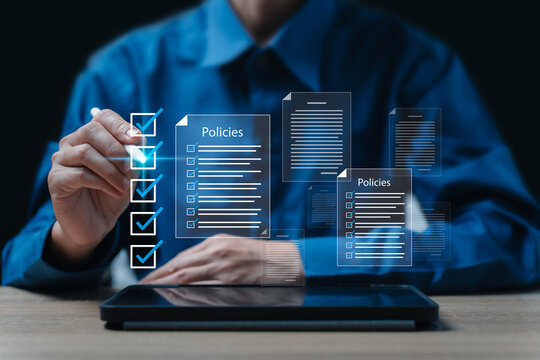 Checklist online document practices and policies concept, Businesswomen use tablets to check steps through policies document company articles of association Terms and Conditions, Quality inspection