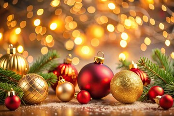 Depth of Field Christmas Decorations with Golden and Red Ornaments Festive Holiday Background Bokeh Lights Christmas Tree