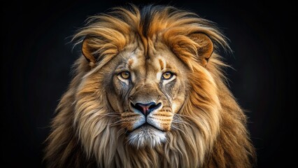 Fototapeta premium Regal Lion Close-Up Portrait in Low Light - Powerful Animal Imagery for Business Themes