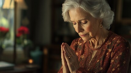 Elderly Woman in Prayer. Portrait of senior woman praying at home. Focus on hands.
