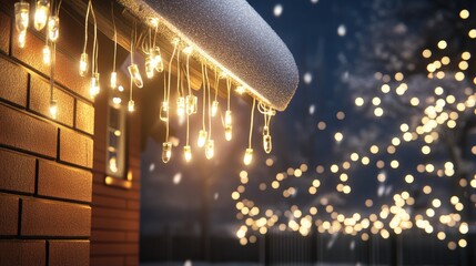 Soft white lights hang from the eaves of a vintage red house, creating a festive glow for New Year's Eve festivities