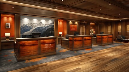 A beautifully designed hotel lobby interior featuring modern wooden desks, warm lighting, and stunning mountain artwork, creating an inviting and elegant atmosphere for guests