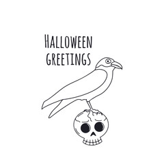 Card or poster with cute black and white Halloween witchy crow sitting on top of skull. Greeting text Halloween Greetings