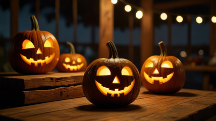 Fototapeta premium a group of halloween pumpkins sitting on top of a wooden table