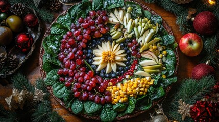 Fototapeta premium Colorful Fruit Arrangement on Leafy Platter