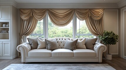 Elegant living room with a plush sofa and decorative curtains.