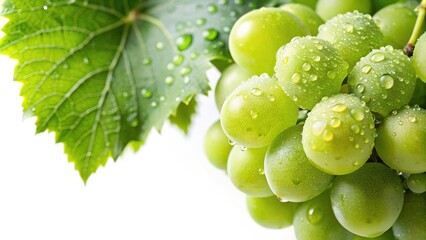 Tilted angle fresh green grape on vine in morning dew with copy space on white background