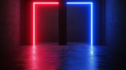 Neon doors with red and blue lights against a dark background.