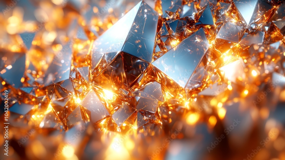 Poster This captivating composition showcases a network of reflective crystal structures illuminated by vibrant orange highlights, creating a mesmerizing effect.