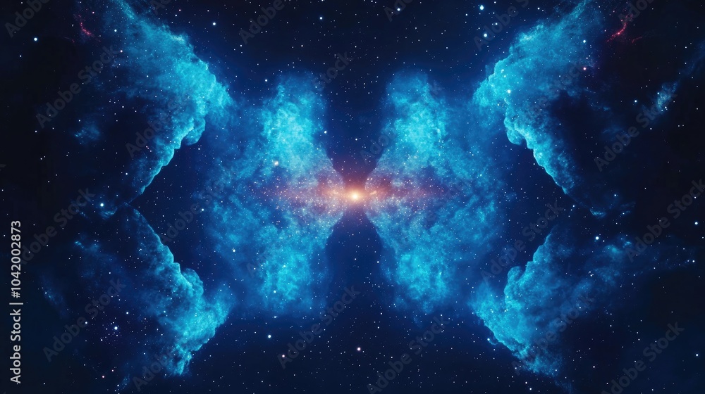 Poster a minimalist galaxy background with symmetrical nebula clouds and a glowing star cluster in vibrant 