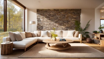 cozy living room with white sofa stone wall wooden coffee table natural light from window wooden floor beige rug inviting atmosphere farmhouse style interior design modern living room decor