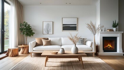 cozy minimalist living room with white sofa wooden coffee table fireplace with firewood modern scandinavian home interior design with white walls window curtains white vase mug lamp on wooden