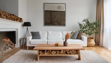 cozy minimalist living room with white sofa wooden coffee table fireplace with firewood modern scandinavian home interior design with white walls window curtains white vase mug lamp on wooden