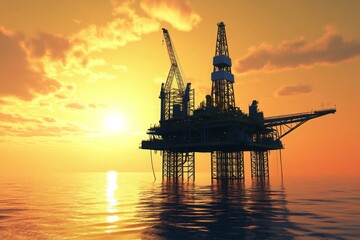 Obraz premium An offshore oil rig standing tall against a golden sunset, reflecting on the calm ocean waters, symbolizing the industrial power amidst nature's beauty