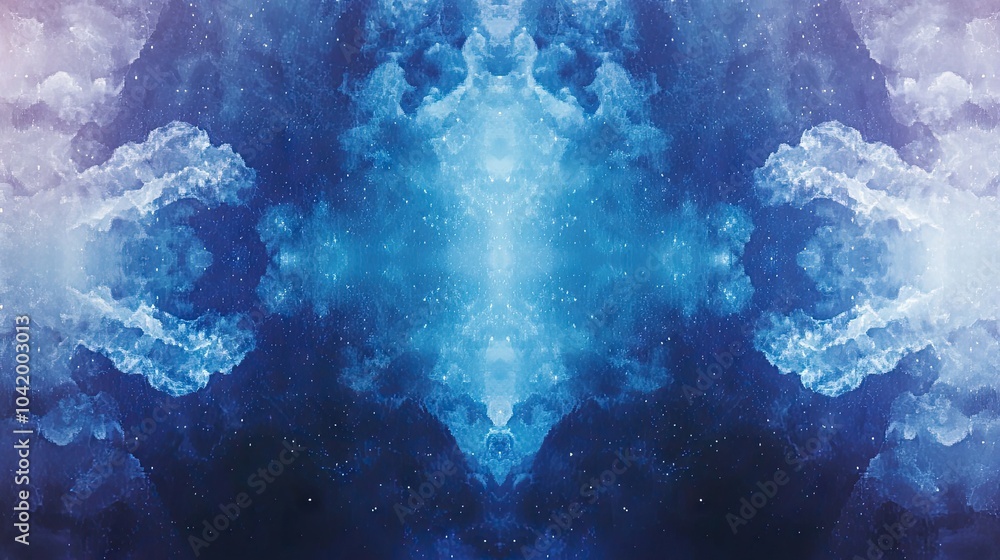 Poster a minimalist galaxy background with symmetrical nebula clouds and a glowing star cluster in vibrant 