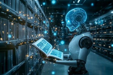 Fototapeta premium AI Robot Studying in a Digital Library