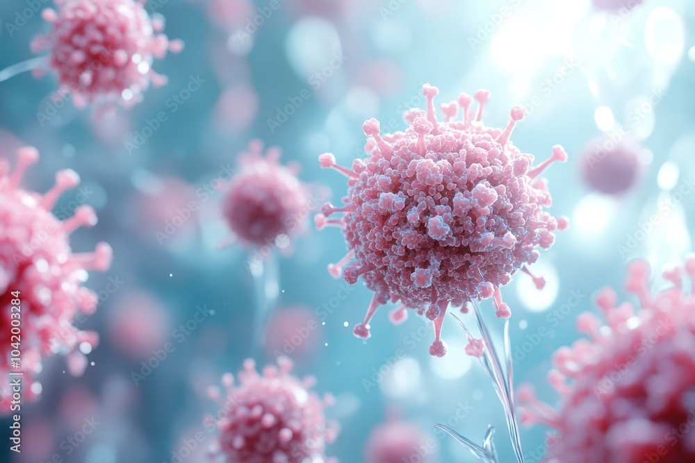 Poster detailed close-up of virus particles floating in a scientific abstract background