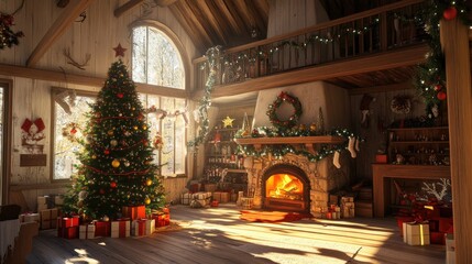 Cozy Christmas Interior with Tree and Fireplace