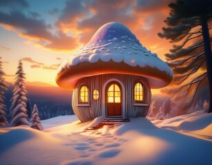enchanting snow capped mushroom house with warm light at sunset