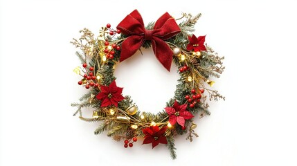 Christmas decoration Floral wreath, red bow, berries and gold lights isolated on white