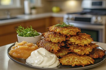 Latkes piled high on a plate, each one crispy and golden, served with traditional sides of sour cream and applesauce, kitchen island in the background