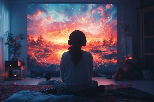 A gamer wearing headphones plays a colorful fantasy game with vivid landscapes and animated characters. Generative AI