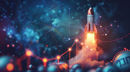 Rocket Innovation: Financial Growth Visualization with Vibrant Colors and Photorealistic Detail