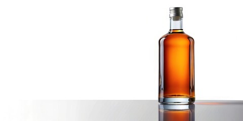 Symmetrical shot of whiskey bottle on white background with reflection