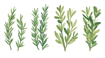 Fototapeta premium Various green herb stems on a white isolated background.