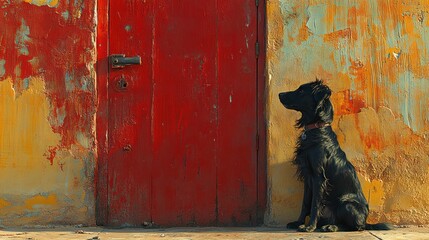 A black dog sitting beside a weathered red door on a textured wall.