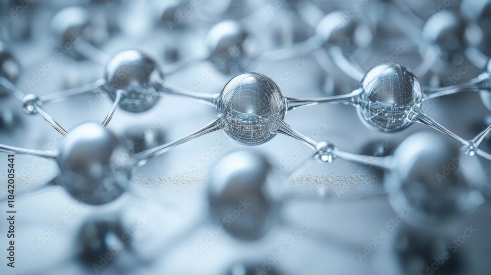 Poster A detailed exploration of metallic spheres linked by fine wires, showcasing the intricate structure of molecules often studied in scientific research settings.